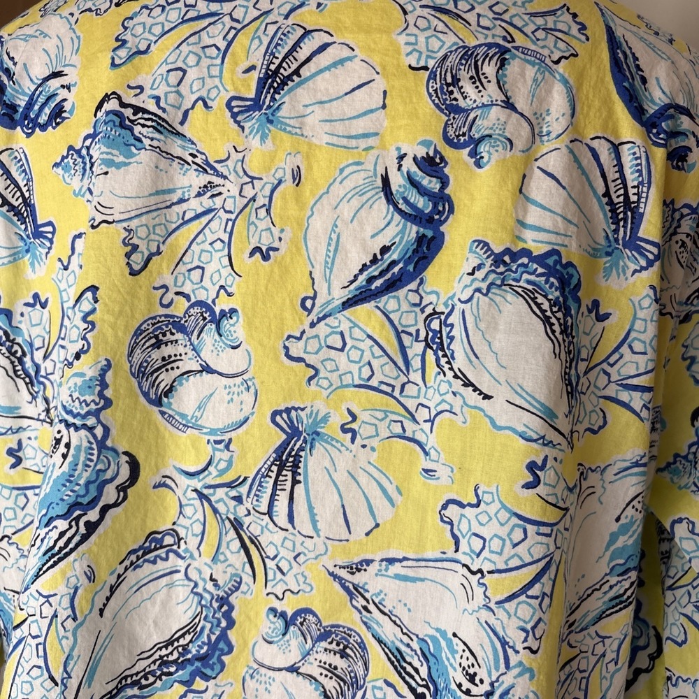 Talbots Seashell Print Top Womens Plus 1X Yellow Blue Lace Up Neck Coastal - Picture 6 of 11